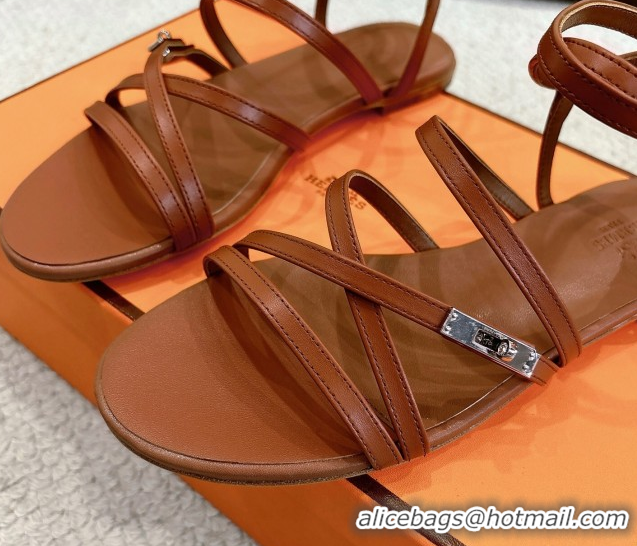 Big Discount Hermes Lullaby Flat Sandals in Kelly Buckle in Calfskin Leather Brown 1023174