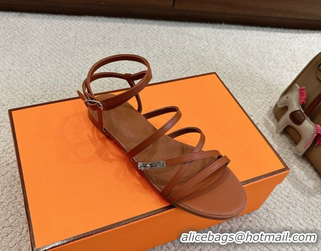 Big Discount Hermes Lullaby Flat Sandals in Kelly Buckle in Calfskin Leather Brown 1023174