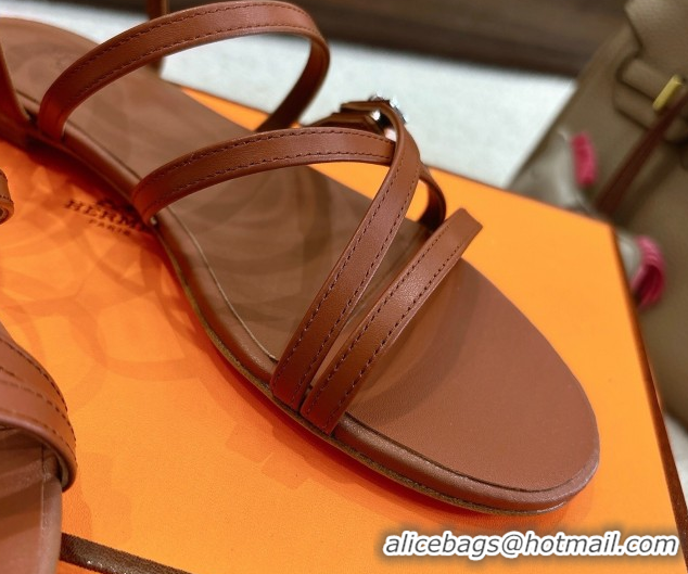 Big Discount Hermes Lullaby Flat Sandals in Kelly Buckle in Calfskin Leather Brown 1023174