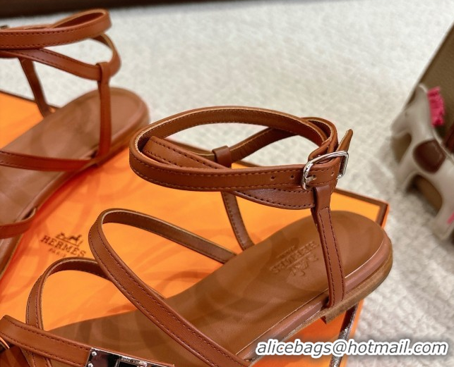 Big Discount Hermes Lullaby Flat Sandals in Kelly Buckle in Calfskin Leather Brown 1023174