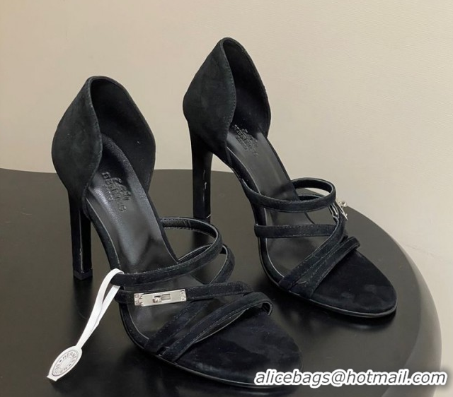 Good Looking Hermes Lipstick Heel Sandals 10.5cm with Kelly Buckle in Suede Black 1023175
