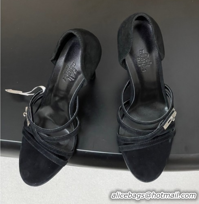 Good Looking Hermes Lipstick Heel Sandals 10.5cm with Kelly Buckle in Suede Black 1023175