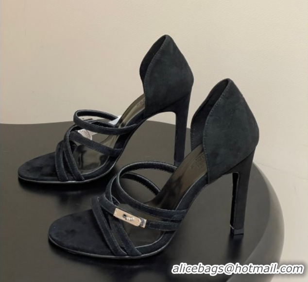 Good Looking Hermes Lipstick Heel Sandals 10.5cm with Kelly Buckle in Suede Black 1023175