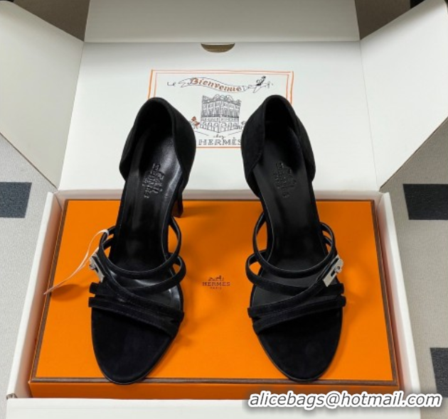 Good Looking Hermes Lipstick Heel Sandals 10.5cm with Kelly Buckle in Suede Black 1023175