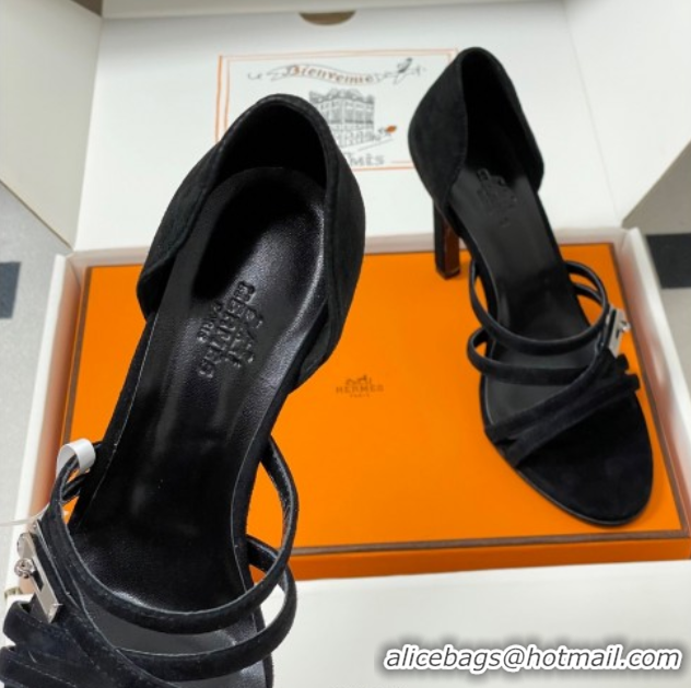 Good Looking Hermes Lipstick Heel Sandals 10.5cm with Kelly Buckle in Suede Black 1023175