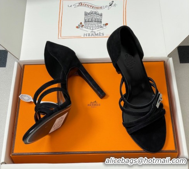 Good Looking Hermes Lipstick Heel Sandals 10.5cm with Kelly Buckle in Suede Black 1023175