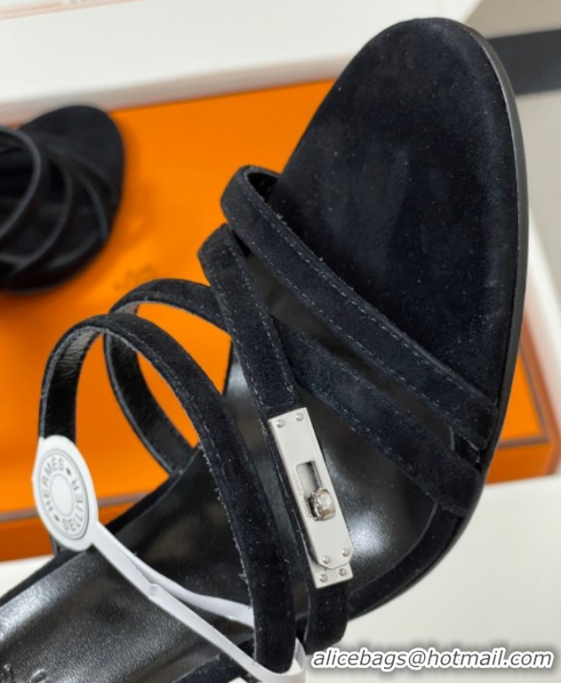 Good Looking Hermes Lipstick Heel Sandals 10.5cm with Kelly Buckle in Suede Black 1023175