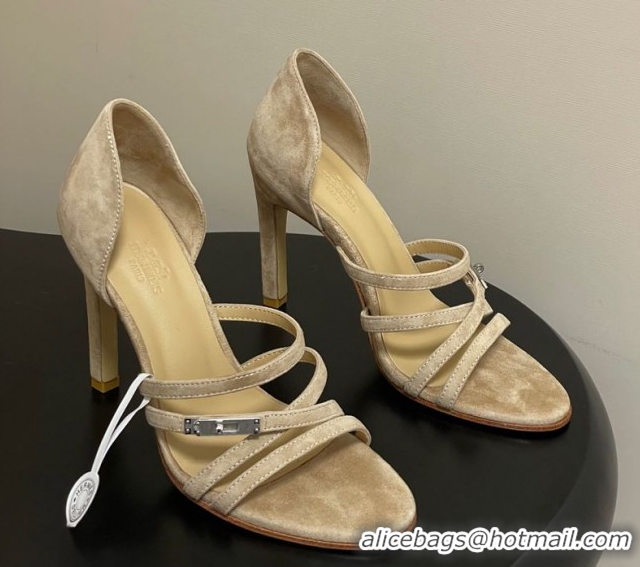 Charming Hermes Lipstick Heel Sandals 10.5cm with Kelly Buckle in Suede Beige 1023176