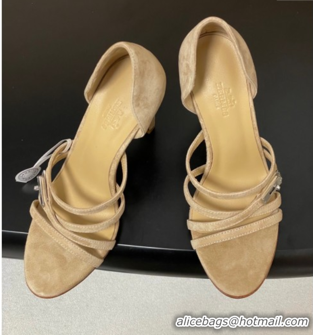 Charming Hermes Lipstick Heel Sandals 10.5cm with Kelly Buckle in Suede Beige 1023176