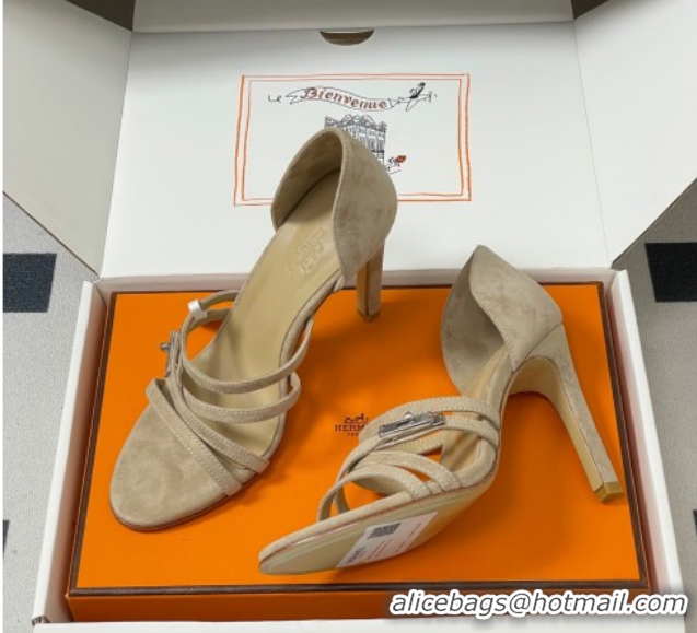 Charming Hermes Lipstick Heel Sandals 10.5cm with Kelly Buckle in Suede Beige 1023176