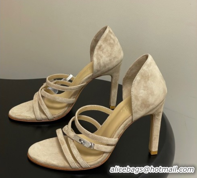 Charming Hermes Lipstick Heel Sandals 10.5cm with Kelly Buckle in Suede Beige 1023176