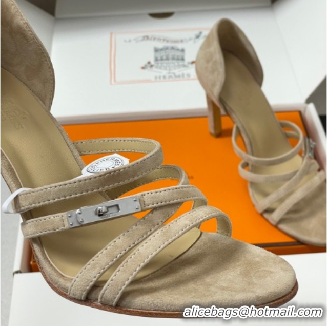 Charming Hermes Lipstick Heel Sandals 10.5cm with Kelly Buckle in Suede Beige 1023176