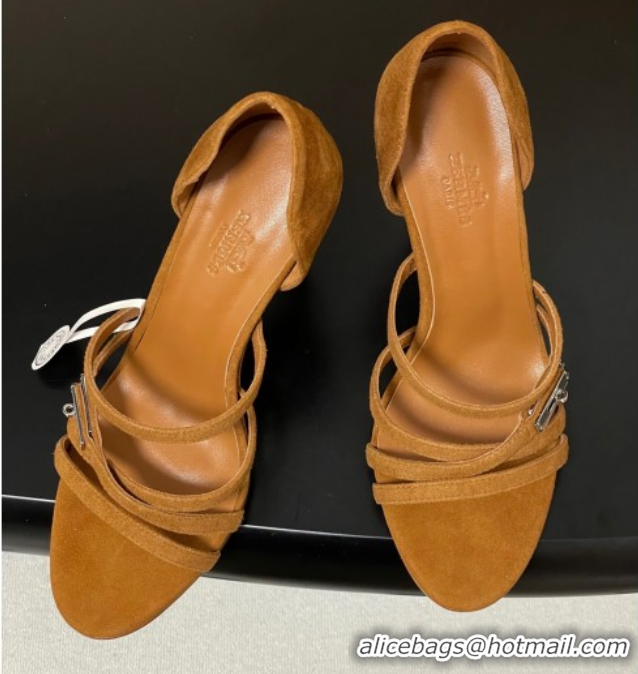 Luxurious Hermes Lipstick Heel Sandals 10.5cm with Kelly Buckle in Suede Brown 1023177