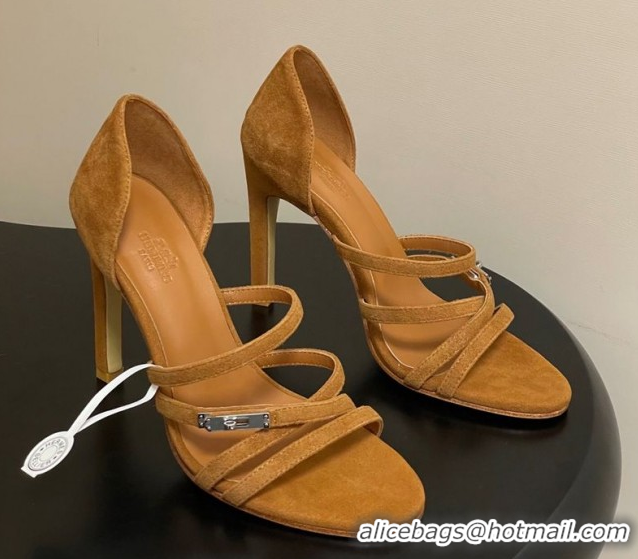 Luxurious Hermes Lipstick Heel Sandals 10.5cm with Kelly Buckle in Suede Brown 1023177
