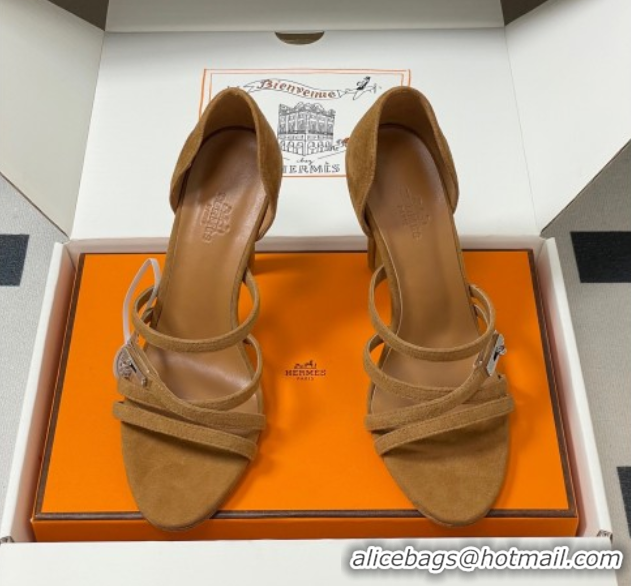 Luxurious Hermes Lipstick Heel Sandals 10.5cm with Kelly Buckle in Suede Brown 1023177
