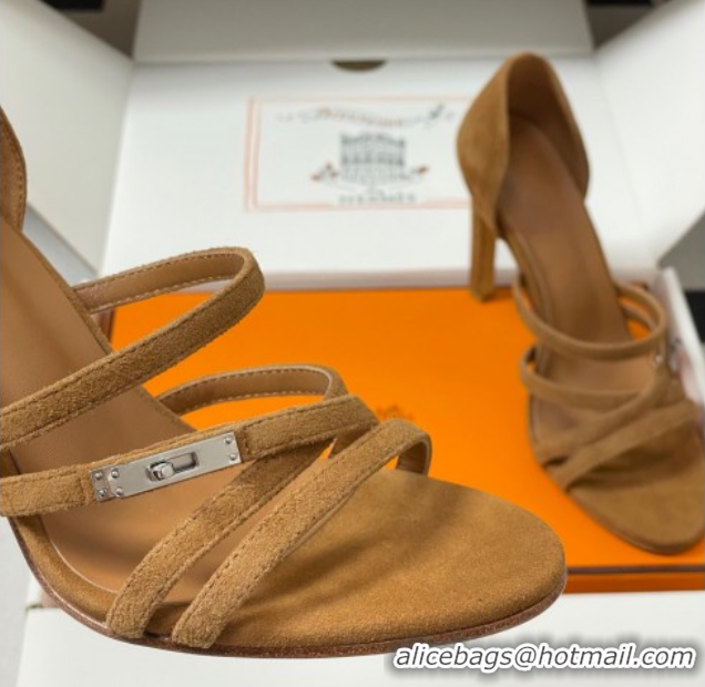 Luxurious Hermes Lipstick Heel Sandals 10.5cm with Kelly Buckle in Suede Brown 1023177