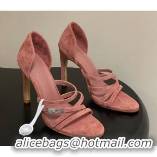 Best Price Hermes Lipstick Heel Sandals 10.5cm with Kelly Buckle in Suede Pink 1023178
