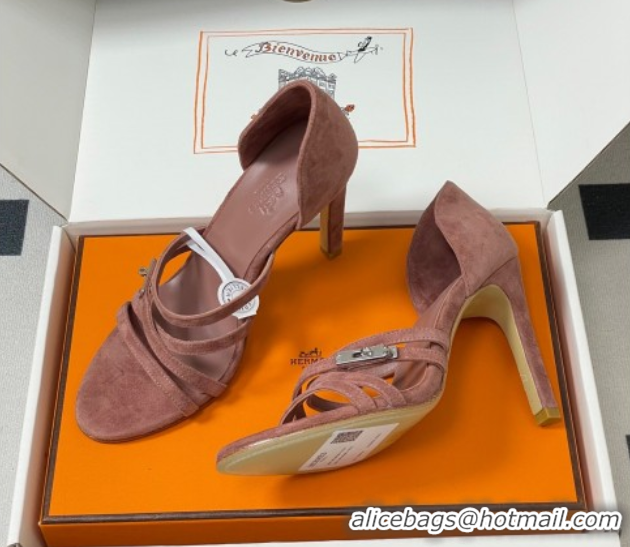 Best Price Hermes Lipstick Heel Sandals 10.5cm with Kelly Buckle in Suede Pink 1023178