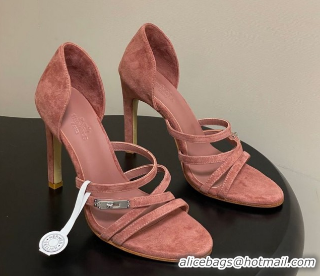 Best Price Hermes Lipstick Heel Sandals 10.5cm with Kelly Buckle in Suede Pink 1023178
