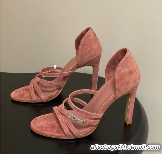 Best Price Hermes Lipstick Heel Sandals 10.5cm with Kelly Buckle in Suede Pink 1023178