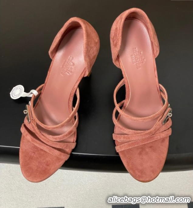 Best Price Hermes Lipstick Heel Sandals 10.5cm with Kelly Buckle in Suede Pink 1023178