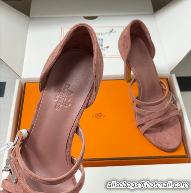 Best Price Hermes Lipstick Heel Sandals 10.5cm with Kelly Buckle in Suede Pink 1023178