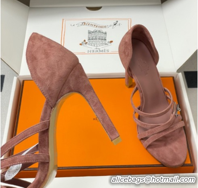 Best Price Hermes Lipstick Heel Sandals 10.5cm with Kelly Buckle in Suede Pink 1023178