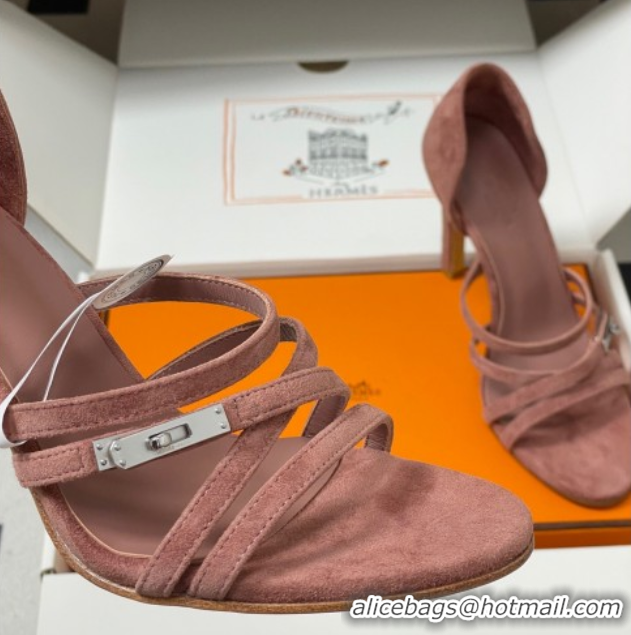Best Price Hermes Lipstick Heel Sandals 10.5cm with Kelly Buckle in Suede Pink 1023178