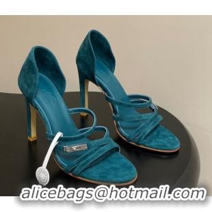 Low Price Hermes Lipstick Heel Sandals 10.5cm with Kelly Buckle in Suede Green 1023179