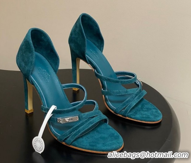 Low Price Hermes Lipstick Heel Sandals 10.5cm with Kelly Buckle in Suede Green 1023179