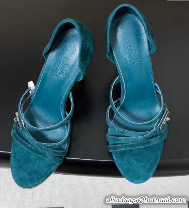 Low Price Hermes Lipstick Heel Sandals 10.5cm with Kelly Buckle in Suede Green 1023179