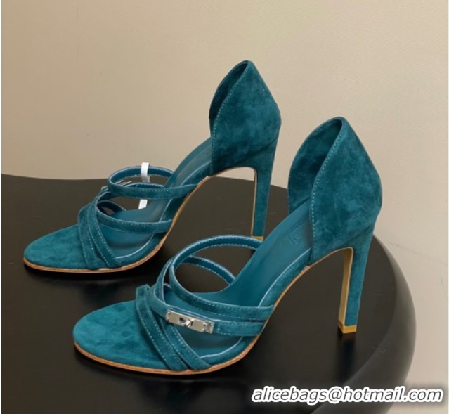 Low Price Hermes Lipstick Heel Sandals 10.5cm with Kelly Buckle in Suede Green 1023179