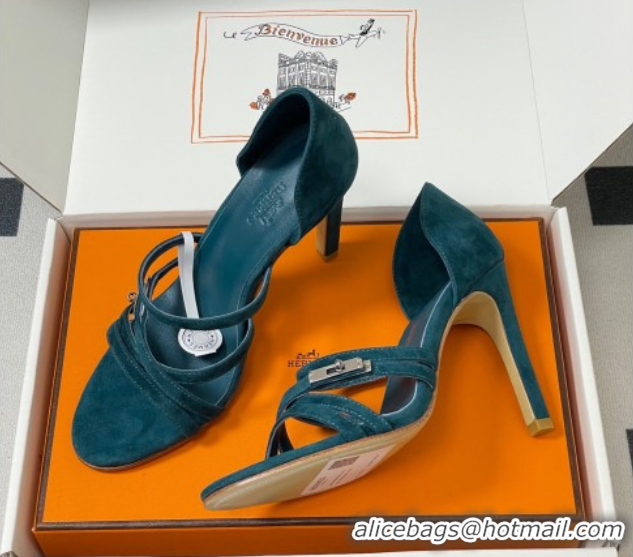 Low Price Hermes Lipstick Heel Sandals 10.5cm with Kelly Buckle in Suede Green 1023179
