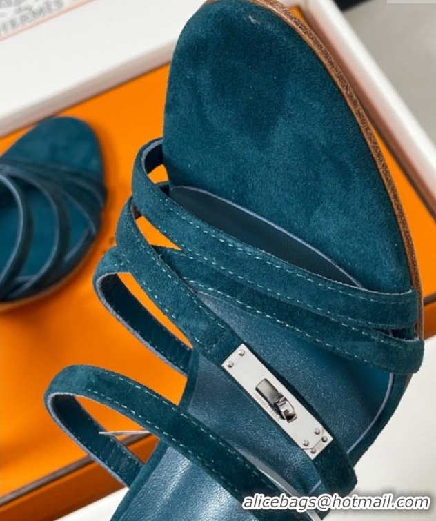 Low Price Hermes Lipstick Heel Sandals 10.5cm with Kelly Buckle in Suede Green 1023179