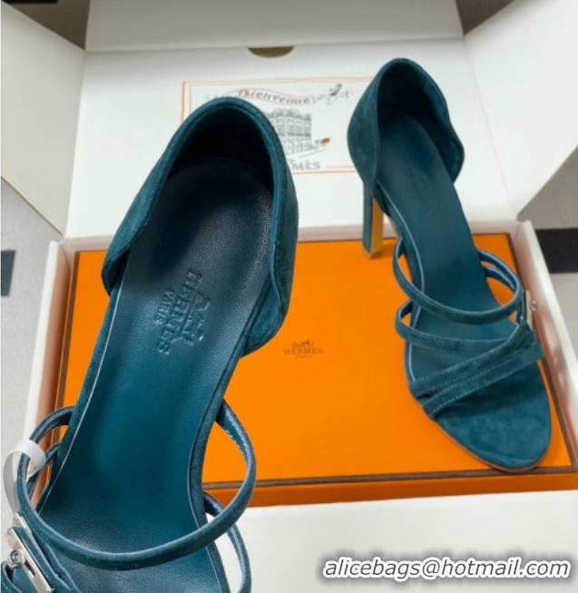 Low Price Hermes Lipstick Heel Sandals 10.5cm with Kelly Buckle in Suede Green 1023179