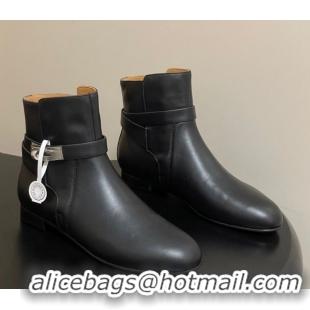 Buy Luxury Hermes Neo Flat Ankle Boots in Calfskin Leather with Kelly Buckle Black 1023180