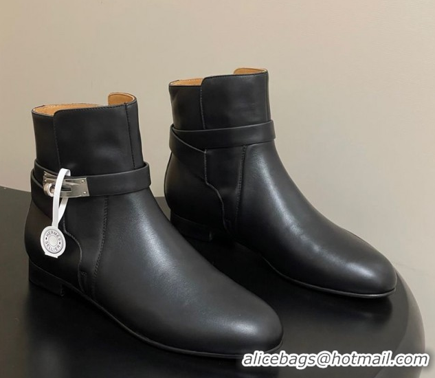 Buy Luxury Hermes Neo Flat Ankle Boots in Calfskin Leather with Kelly Buckle Black 1023180