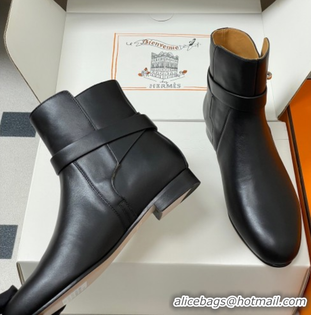 Buy Luxury Hermes Neo Flat Ankle Boots in Calfskin Leather with Kelly Buckle Black 1023180