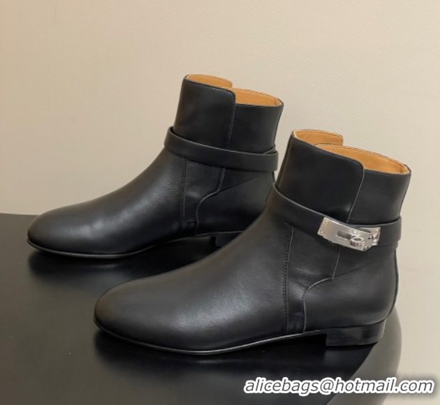 Buy Luxury Hermes Neo Flat Ankle Boots in Calfskin Leather with Kelly Buckle Black 1023180