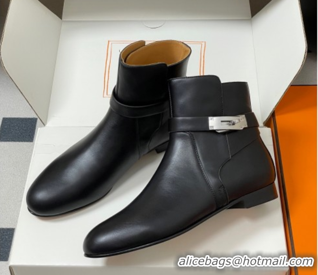 Buy Luxury Hermes Neo Flat Ankle Boots in Calfskin Leather with Kelly Buckle Black 1023180