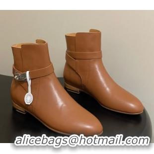Sophisticated Hermes Neo Flat Ankle Boots in Calfskin Leather with Kelly Buckle Brown 1023181