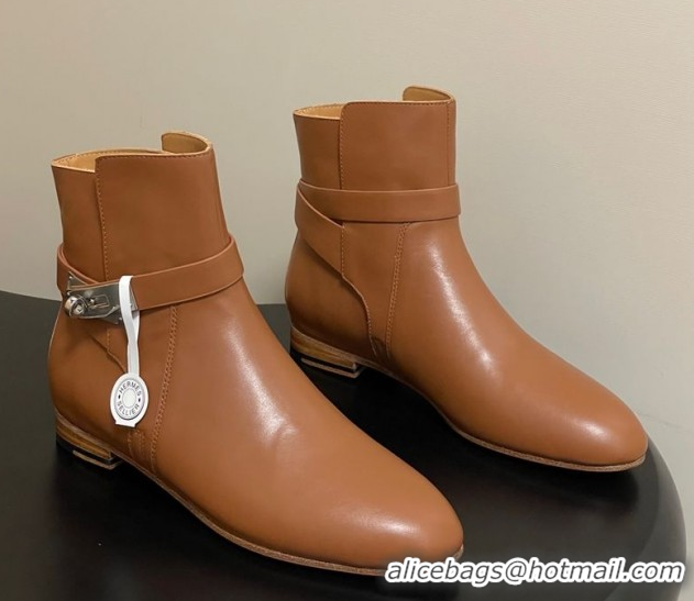 Sophisticated Hermes Neo Flat Ankle Boots in Calfskin Leather with Kelly Buckle Brown 1023181