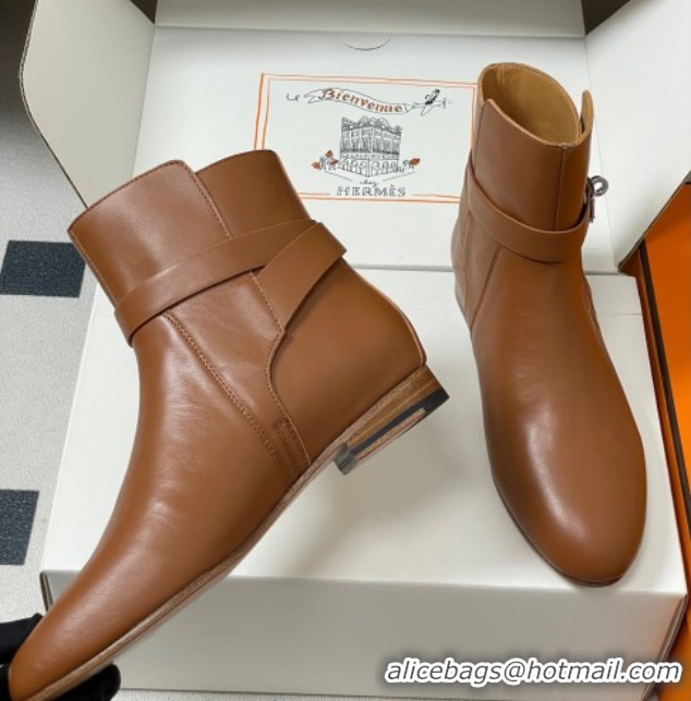 Sophisticated Hermes Neo Flat Ankle Boots in Calfskin Leather with Kelly Buckle Brown 1023181