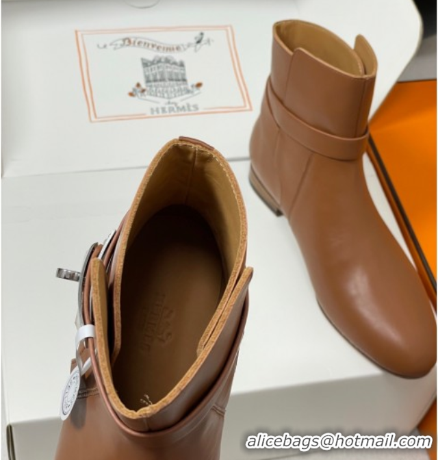 Sophisticated Hermes Neo Flat Ankle Boots in Calfskin Leather with Kelly Buckle Brown 1023181