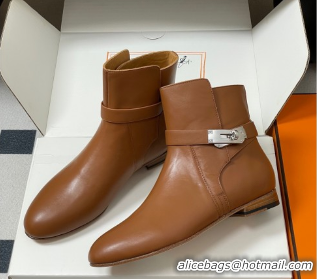 Sophisticated Hermes Neo Flat Ankle Boots in Calfskin Leather with Kelly Buckle Brown 1023181