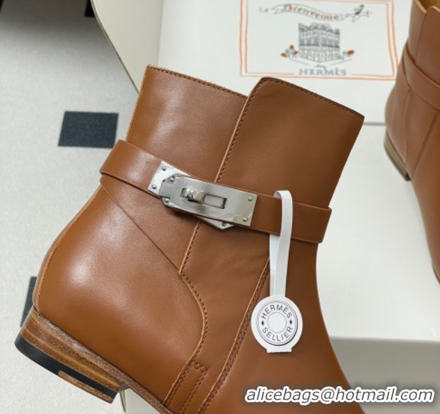 Sophisticated Hermes Neo Flat Ankle Boots in Calfskin Leather with Kelly Buckle Brown 1023181