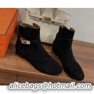 Stylish Hermes Neo Flat Ankle Boots in Suede with Kelly Buckle Black 1023182