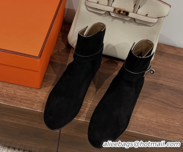 Stylish Hermes Neo Flat Ankle Boots in Suede with Kelly Buckle Black 1023182