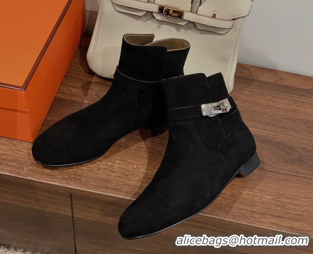 Stylish Hermes Neo Flat Ankle Boots in Suede with Kelly Buckle Black 1023182