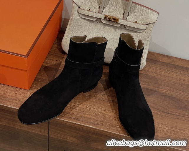Stylish Hermes Neo Flat Ankle Boots in Suede with Kelly Buckle Black 1023182